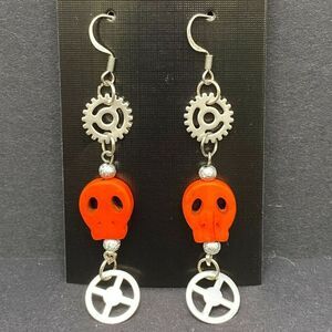 Handmade Orange Skull & Gear Silver Tone Earrings by Neanie-Bot